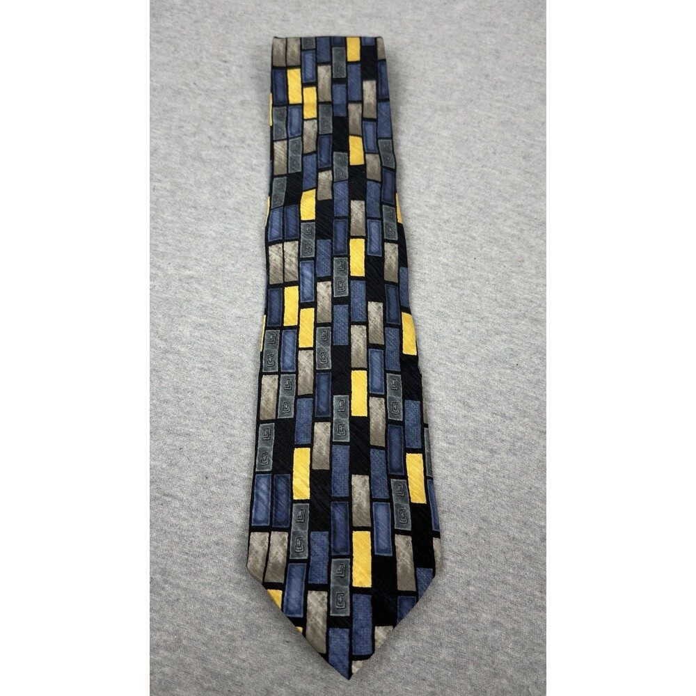 Tesoro Rosso Uomo Moda 100% Silk Geometric Neck Tie Blue Yellow Gray Handmade